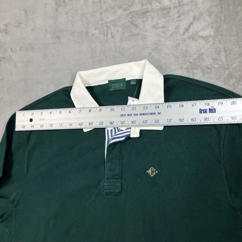 J CREW Rugby Polo Shirt Mens L Striped placket Green Preppy Blokecore